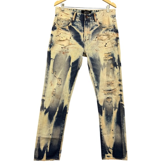 Akoo Jeans 32x31 Distressed Bleach Wash‎ Paint Splatter Denim Hip Hop Streetwear - Picture 1 of 12